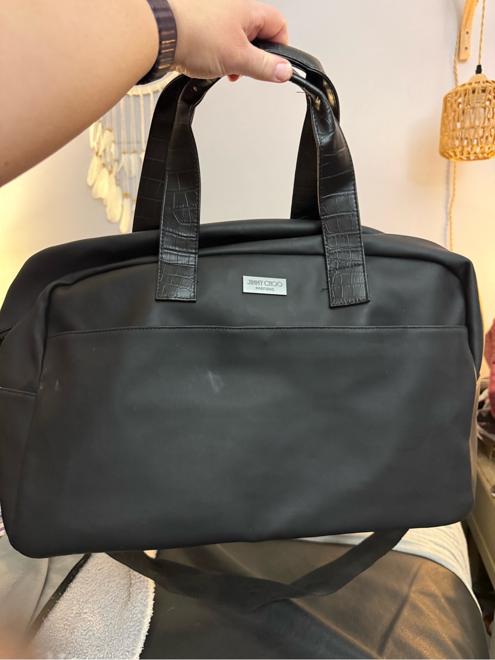 Jimmy Choo Black Duffel Bag with Croc-Effect Handles